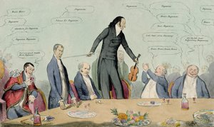 Fiddlestick versus Broomstick, caricatura de Niccolo Paganini, pub. por Thomas McLean, 1831 (gravura colorida) de English School